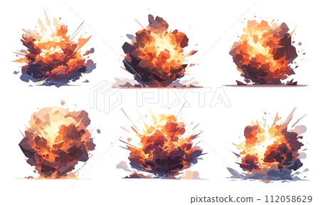AI-generated content. Blast and dynamite explosion cartoon pack. Smoke boom clouds in anime style for game design, illustrations. Dangerous explosive detonation comics, atomic scenes for animation 112058629