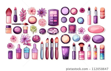 AI-generated content. Beauty stickers cartoon style template set. Bundle of face and body care procedures, trendy outfits, routine, cosmetics, female makeup. Scrapbooking elements isolated on white 112058647