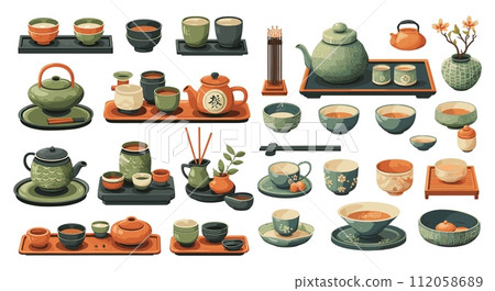 AI-generated content. Asian tea ceremony items illustration. Chinese and Japanese traditional stuff, table, bowls, teapots, tea, banzai. Hot aromatic drinks, traditional oriental culture. Cartoon 112058689