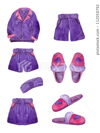 Clip-art of home clothes: slippers, pajamas with shorts, headband. 90s style. Illustrations watercolor Clip-art of home clothes: slippers, pajamas with shorts, headband. 90s style. Illustrations watercolor 112058792