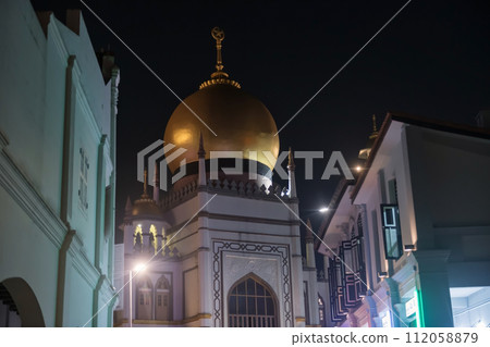 Sultan Masjid church by Arab building at night, Bugis, Singapore 112058879