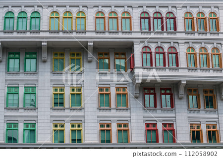 Architecture of colorful windows at Hill Street Police Station, Singapore Architecture of colorful windows at Hill Street Police Station, Singapore 112058902