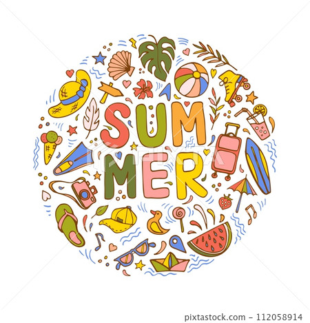 Round composition with summer themed cartoon objects 112058914