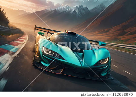 A modern blue racing car drives along a mountain road among snow-capped peaks. AI generated A modern blue racing car drives along a mountain road among snow-capped peaks. AI generated 112058970