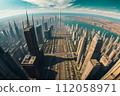 Futuristic panorama of the city on the banks of the river with skyscrapers and streets. Sunny day, blue sky. AI generated 112058971