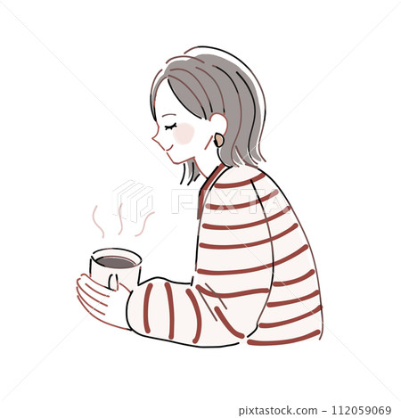 Illustration of a girl drinking coffee and taking a breather, colored, transparent 112059069