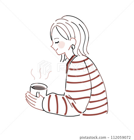 Illustration of a girl drinking coffee and taking a breather, lines only, transparent Illustration of a girl drinking coffee and taking a breather, lines only, transparent 112059072