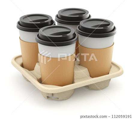 Takeout coffee cup set with the lid in the holder on white background - 3D illustration Takeout coffee cup set with the lid in the holder on white background - 3D illustration 112059191