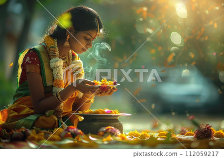 Praying young indian woman, Happy Ugadi greeting card 112059217