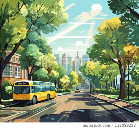 AI-generated content. Street landscape with school bus, parked to the side of the road. Trees, buildings, in cartoon style with modern city and skyscrapers on the horizon. View from the road, vibrant AI-generated content. Street landscape with school bus, parked to the side of the road. Trees, buildings, in cartoon style with modern city and skyscrapers on the horizon. View from the road, vibrant 112059288