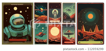 AI-generated content. Space posters, vintage s vector collection. Illustrations of astronaut, other worlds, planets, unearthly life, aliens, ufo, galactic travel, retro graphics, isolated on white AI-generated content. Space posters, vintage s vector collection. Illustrations of astronaut, other worlds, planets, unearthly life, aliens, ufo, galactic travel, retro graphics, isolated on white 112059299