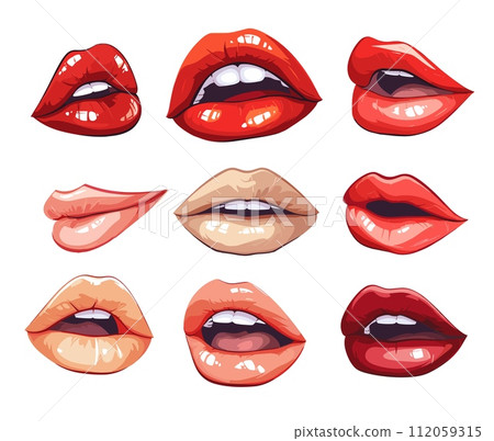 AI-generated content. Red lips collection. Vector illustration of sexy woman lips expressing different emotions such as smiling, kissing, half open mouth. Realistic elements of modern design Isolated AI-generated content. Red lips collection. Vector illustration of sexy woman lips expressing different emotions such as smiling, kissing, half open mouth. Realistic elements of modern design Isolated 112059315