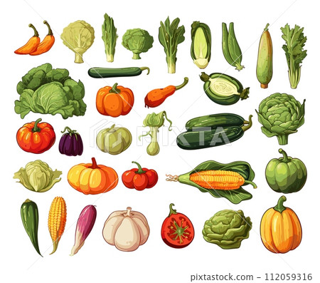AI-generated content. Realistic vegetables cartoon bundle. Vector assets, carrot, cabbage, pepper, pumpkin, onion, corn, zucchini, garlic, parsley, peas, and chinese cabbage, splendid vector 112059316