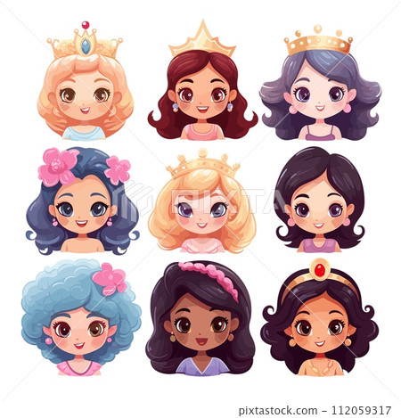 AI-generated content. Pretty princesses avatars cartoon bundle. Magic beautiful characters with gold crowns, flowers. Childish illustrations, vector girls in colorful dresses, splendid avatars AI-generated content. Pretty princesses avatars cartoon bundle. Magic beautiful characters with gold crowns, flowers. Childish illustrations, vector girls in colorful dresses, splendid avatars 112059317
