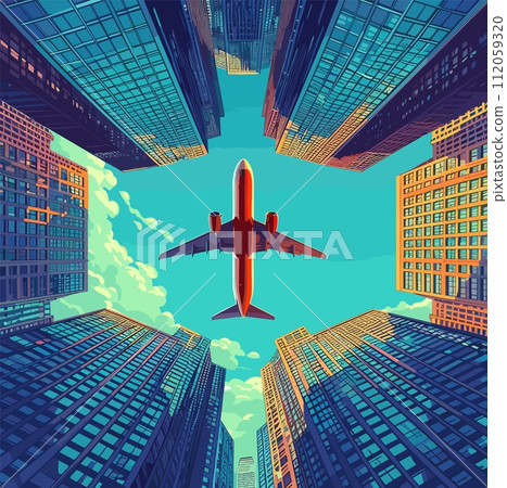 AI-generated content. Plane is landing over skyscrapers and buildings, view from the bottom of the blue sky, and clouds, vector illustration. Modern city concept, business life vibe, mobility art 112059320