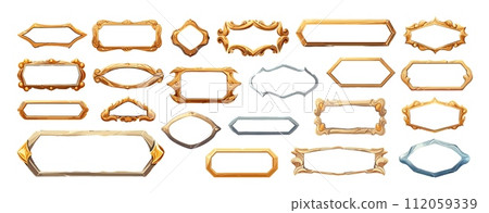 AI-generated content. Magical cartoon frames made of precious metals, with empty space for text of different shapes, accessories for game design, games, realistic details. Vector set isolated on white AI-generated content. Magical cartoon frames made of precious metals, with empty space for text of different shapes, accessories for game design, games, realistic details. Vector set isolated on white 112059339