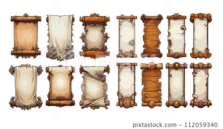 AI-generated content. Magic scrolls with empty space for text. Accessories for game design, paper spell elements, UI assets, vector set in cartoon style isolated on white background AI-generated content. Magic scrolls with empty space for text. Accessories for game design, paper spell elements, UI assets, vector set in cartoon style isolated on white background 112059340