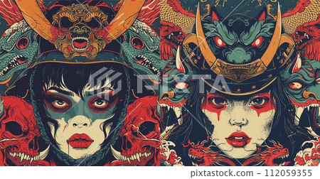 AI-generated content. Japan woman in samurai helmet, stylized posters. Vector illustrations of japanese girl in traditional native armor with decorative mythological abstract elements, demons, dragons AI-generated content. Japan woman in samurai helmet, stylized posters. Vector illustrations of japanese girl in traditional native armor with decorative mythological abstract elements, demons, dragons 112059355