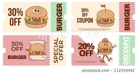 Set Retro groovy cartoon coupon, discount banner, gift voucher set with character Burger. Vintage mascot with psychedelic smile. Funky vector illustration 112059482