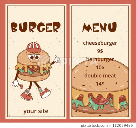 Retro groovy cartoon character Burger. Fast food menu for restaurant, cafe, pizzeria. Vintage mascot psychedelic smile. Funky vector illustration 112059489
