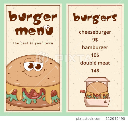 Retro groovy cartoon character Burger. Fast food menu for restaurant, cafe, pizzeria. Vintage mascot psychedelic smile. Funky vector illustration 112059490