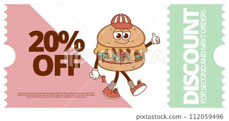 Set Retro groovy cartoon coupon, discount banner, gift voucher with character Burger. Vintage mascot with psychedelic smile. Funky vector illustration Set Retro groovy cartoon coupon, discount banner, gift voucher with character Burger. Vintage mascot with psychedelic smile. Funky vector illustration 112059496