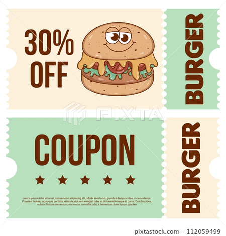 Set Retro groovy cartoon coupon, discount banner, gift voucher with character Burger. Vintage mascot with psychedelic smile. Funky vector illustration 112059499