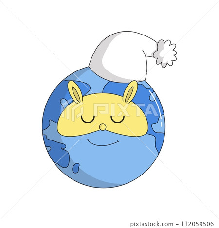 World Sleep Day. Earth hour. Sleeping character planet Earth in sleep cap and mask rabbit. Psychedelic smile. Retro mascot cartoon style. Vector flat illustration 112059506