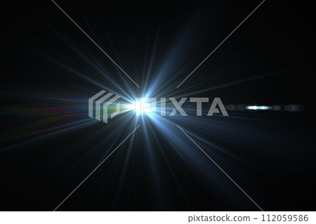 Bright beam of a searchlight on a dark background. Light from a lamp in the dark.Flash Bright beam of a searchlight on a dark background. Light from a lamp in the dark.Flash 112059586