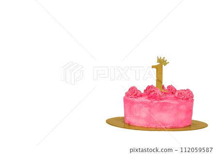 Background pink cake with the number 1 on a white background. First birthday. Background pink cake with the number 1 on a white background. First birthday. 112059587