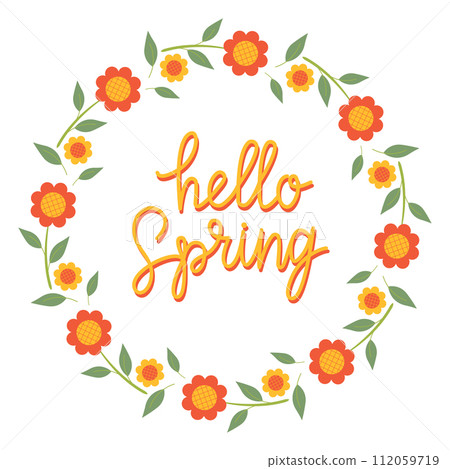 Hand drawn lettering Hello spring card with decorative floral frame, vector illustration for greeting card, invitation template. Retro, vintage lettering banner, poster, background. 112059719