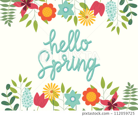 Hello Spring hand sketched card, vector illustration. Lettering spring season with leaves and flowers frame for greeting card, invitation template. Retro, vintage lettering banner, poster, background. 112059725