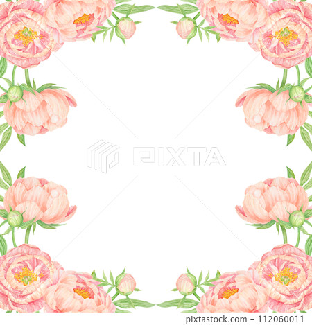 Peach peony bouquet watercolor hand drawn frame. Chinese national symbol illustration. Realistic flower clipart, floral arrangement for card design, wedding invitation, prints, textile, packing 112060011