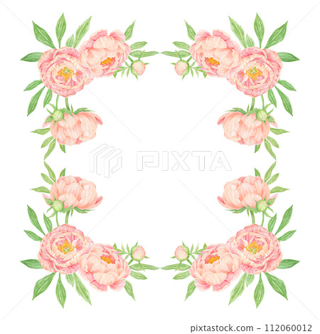 Peach peony bouquet watercolor hand drawn frame. Chinese national symbol illustration. Realistic flower clipart, floral arrangement for card design, wedding invitation, prints, textile, packing 112060012