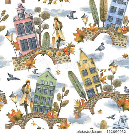 Ancient European houses are colorful, with autumn trees and leaves, stone bridges and lanterns, with a girl in a raincoat with an umbrella. Hand drawn watercolor illustration. Seamless pattern. Ancient European houses are colorful, with autumn trees and leaves, stone bridges and lanterns, with a girl in a raincoat with an umbrella. Hand drawn watercolor illustration. Seamless pattern. 112060032