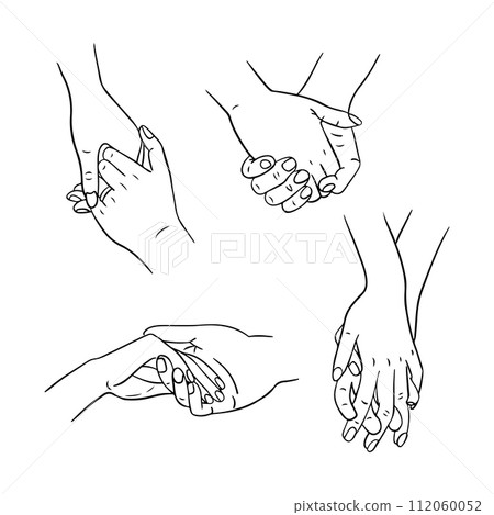 Two hands holding together sketchy doodle set. Males and females hands of people in relationship. Love concept. Ideal for coloring pages, tattoo, pattern Two hands holding together sketchy doodle set. Males and females hands of people in relationship. Love concept. Ideal for coloring pages, tattoo, pattern 112060052