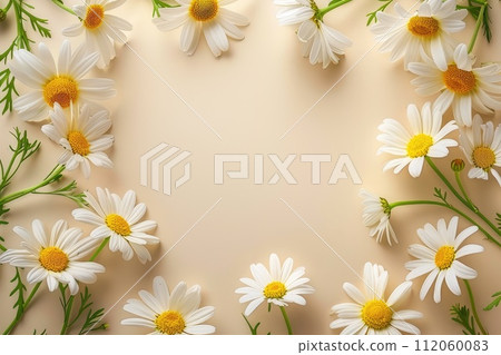 Frame of daisies, petals, leaves on a light yellow background. Flat lay, top view floral background. AI-generated content 112060083