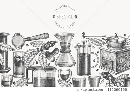 Alternative Coffee Makers Illustration. Vector Hand Drawn Specialty Coffee Equipment Banner. Vintage Style Coffee Bar Design 112060166