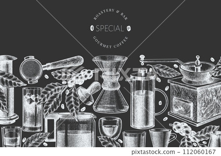 Alternative Coffee Makers Chalk Board Illustration. Vector Hand Drawn Specialty Coffee Equipment Banner. Vintage Style Coffee Bar Design 112060167