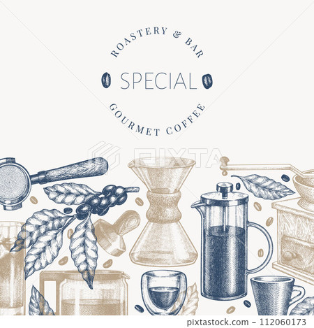 Alternative Coffee Makers Illustration. Vector Hand Drawn Specialty Coffee Equipment Banner. Vintage Style Coffee Bar Design 112060173