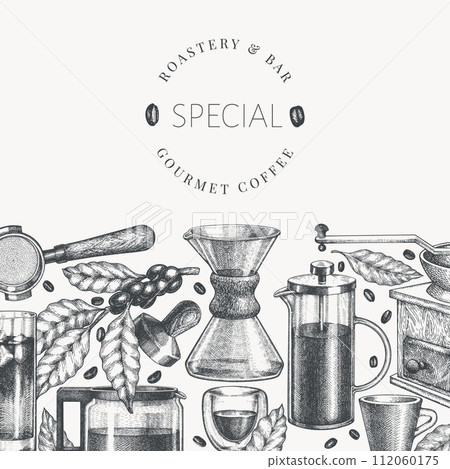 Alternative Coffee Makers Illustration. Vector Hand Drawn Specialty Coffee Equipment Banner. Vintage Style Coffee Bar Design 112060175