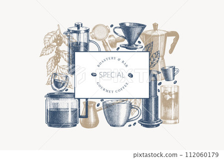 Alternative Coffee Makers Illustration. Vector Hand Drawn Specialty Coffee Equipment Banner. Vintage Style Coffee Bar Design 112060179