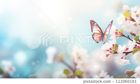 Spring background with blooming cherry tree and butterfly. 112060181