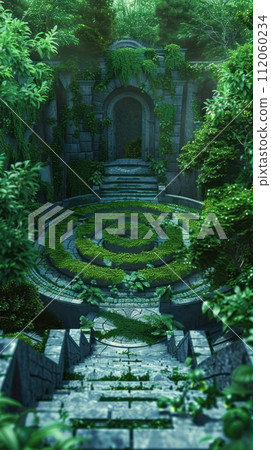 A tranquil garden with a maze centering on a quest that navigates through serenity to uncover a hidden revelation 112060234