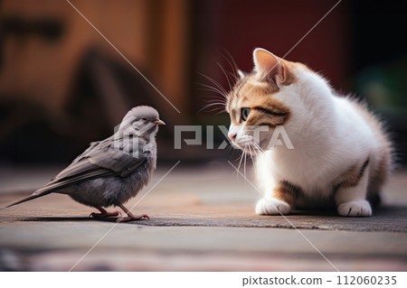A cat and a bird sit and look at each other. 112060235