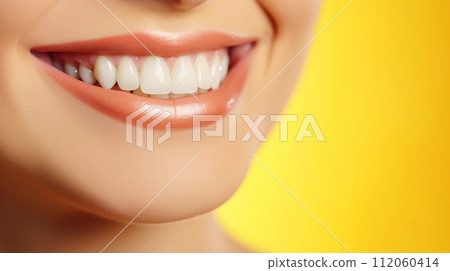 AI-generated content. Versatile photorealistic banner with a girl smiling with beautiful teeth close up on a bright yellow plain background, close up of her face with space to insert text. High 112060414