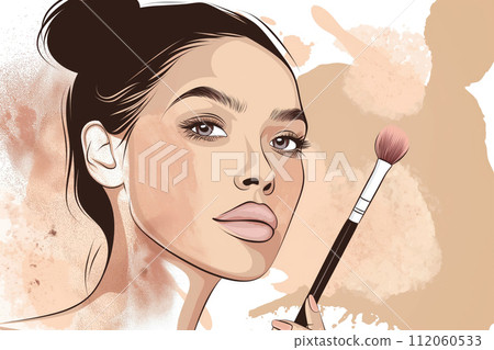 Illustration of a young woman applying make up with a makeup brush Illustration of a young woman applying make up with a makeup brush 112060533