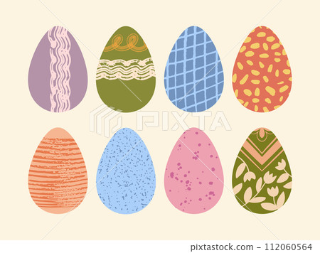 Decorated Easter eggs vector illustration set. Cute colorful eggs hand painted with brush strokes, dots and lines isolated on pastel background. Flat cartoon poster. Egg hunt modern textured design 112060564