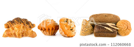 Buns and sweet pastries isolated on white. Collage. Free space for text. Wide photo. 112060668
