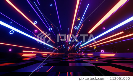 Futuristic technology neon light background, empty space with reflection light on floor scene, internet data network connection, abstract virtual reality, 3D render. 112061090